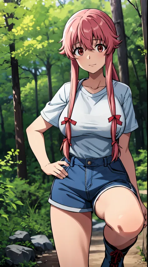 this scene captures yuno gasai hiking through the woods on a clear summer day, showcasing her adventurous spirit and love for na...