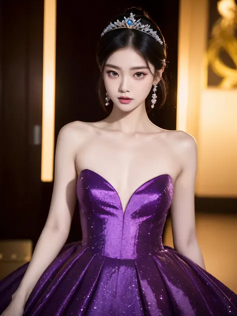 Araped woman wearing a dark purple yellow dress, Best Face, Chassis, blackpink jennie, Yanjun Chengt, Popular Korean Makeup, Exciting and cute aesthetics, Jinyoung Shin, Popular Korean Makeup, Inspired by Hwangji, small tiara, beautiful angel girl, officia...