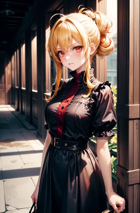 (((1girl))), ((((solo)))), ((messy hairstyle)), standing taking a picture, (((Reddish-yellow hair)), red eyes, dark vibe, anime vibe , vilainess, evil 