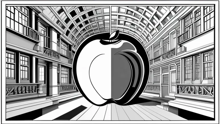 half of an apple in the isometric style of m.c. escher, hypnotic, geometrically impossible, black and white in the style of opi ...