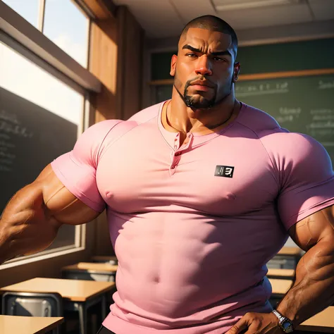 an exaggeratedly muscular and large bodyguard, beefy build, beard, dark-skinned african american male, buzzcut hair with square line, surprised expression, (wearing tight pink henley shirt: 1.2), school team logo, (bara pecs: 1.3), (arm and chest hair: 1.1...