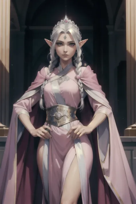 Female elf royalty, beautiful, tall, slender, confident face, with silver braided hair, noble pink robe, fully clothed, royal attire, confident sharp look, majestic, royalty, princess, wearing a crown, in a kings court
