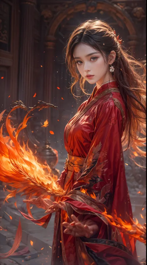 (full body portrait), (close up) ,1 girl，korean girl, 17 years old, Fire mage wearing fiery red clothes（Chinese Hanfu），The robe is embroidered with intricate runes，Decorated with a burning scent。He was tall and strong，Raise your hand，Powerful fire spells a...