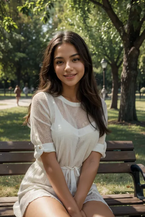 a girl sitting on a bench in a park, with a small nose, and full, captivating lips, exuding a bright and genuine smile. the imag...