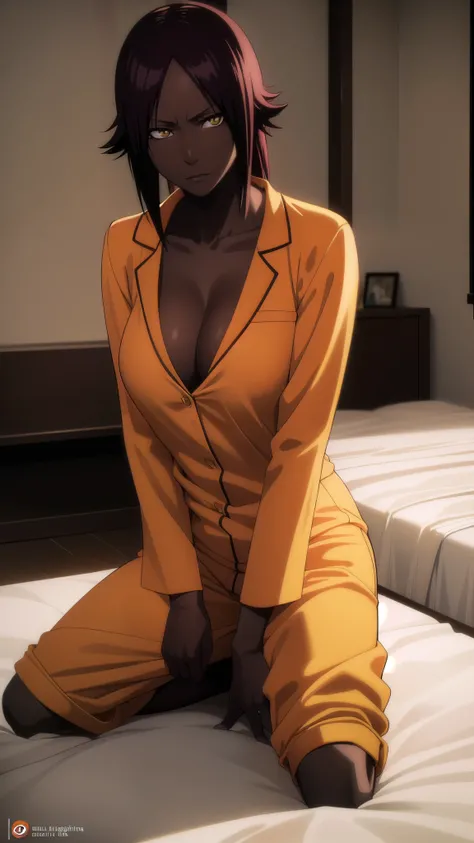 wearing orenge pajamas,erotic girl, depth of field, cinematic lighting, realism, full body, dark skin, brunette skin tone, yellow eyes, 1girl, Yoruichi_Bleach, yellow eyes, ((Yoruichi Shihouin)), in her room, wearing orenge pajamas, cleavage, deep cleavage...