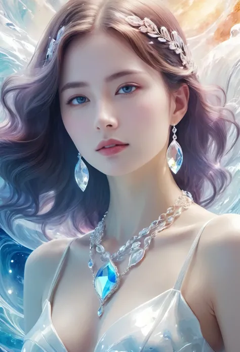 Painting of a beautiful young woman，jewelry，Mysterious Waves. 3d. white，shallow. The beauty of the fusion of the universe. Surrealism in Nebula Reflections. glass texture，translucent，crystal