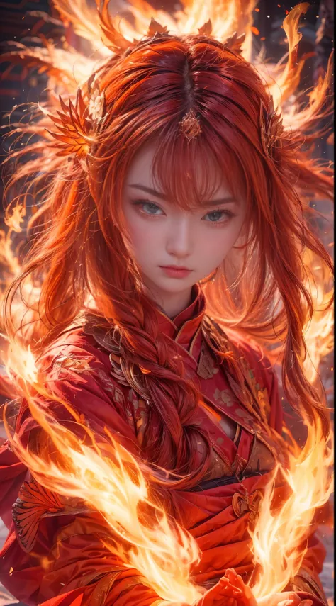 (full body portrait), (close up) ,1 girl，korean girl, 17 years old, Fire mage wearing fiery red clothes（Chinese Hanfu），The robe is embroidered with intricate runes，Decorated with a burning scent。He was tall and strong，Raise your hand，Powerful fire spells a...