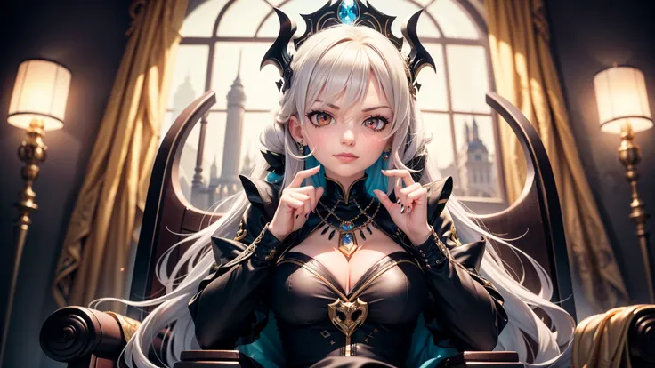 Superb Quality, Masterpiece, High Resolution, 1Girl sitting on a throne, [Red eyes], [White hair], Blush, (Seductive Smile: 0.8), Star Pupil, Hair Accessories, Necklace, Jewelry, Beauty, on_body, Tyndall Effect, Realism, Black throne, , Light Edge, Two-ton...