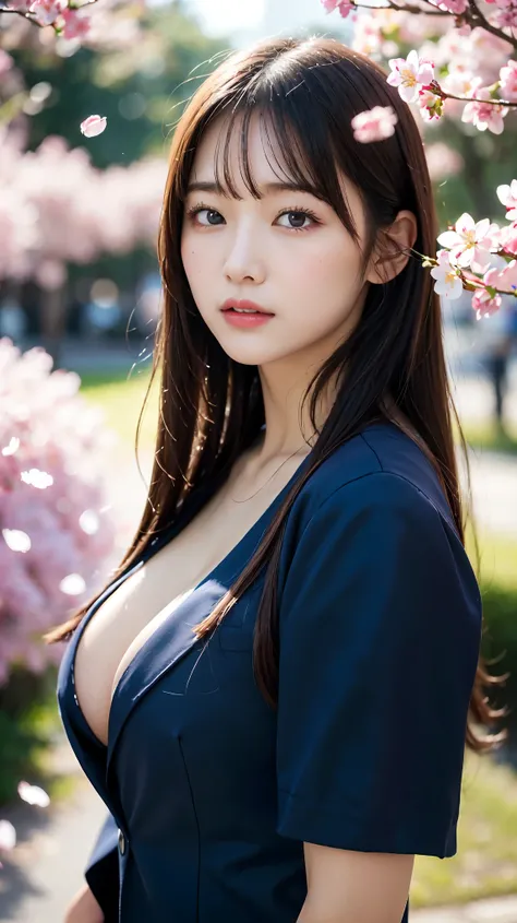 graduation ceremony、high school girl、uniform 、blazer、Rows of cherry blossom trees in full bloom、Cherry blossom confetti、perfect proportions、cute、(big breasts:1.2)、((18 year old female:1.2))、若い愛らしい日本人のface, （light_笑face：0.3），official art，Highly detailed CG ...