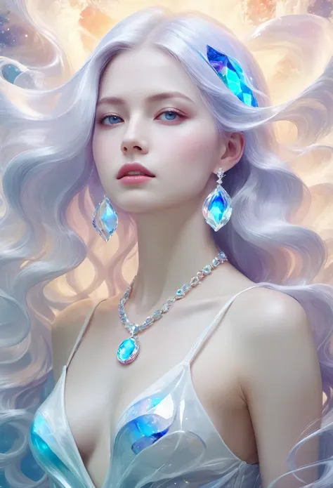 Painting of a beautiful young woman，jewelry，Mysterious Waves. 3d. white，shallow. Hair fusion cosmic nebula，glass texture，translucent