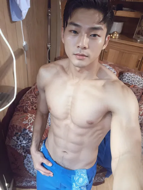 handsome Korean style man, smooth muscular body without hair, 