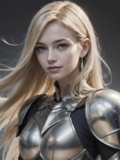 (masterpiece, highest quality), 1 girl, Portrait of a Female Knight, long, blond hair, pale skin, green eyes, symmetrical features, Thin function, Narrow features, Angelic Features,smile、beautiful teeth、ear piercing、 Detailed and intricately crafted armor,...