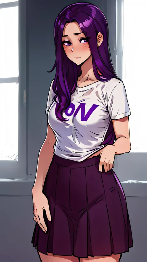 A girl with long purple hair in a wide skirt and a tight-fitting T-shirt, Panties under the skirt are visible