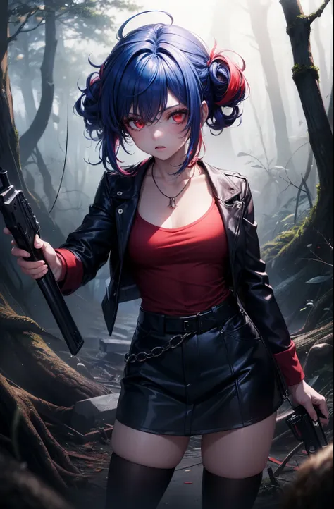 (((1girl))), ((((solo)))), ((messy hairstyle)), Neverland anime vibe, monsters, blood, forest, scared, holding a gun,hiding from monsters (((Reddish-blue hair)), white and red eyes, different eyes color, ripped clothes, anime vibe 