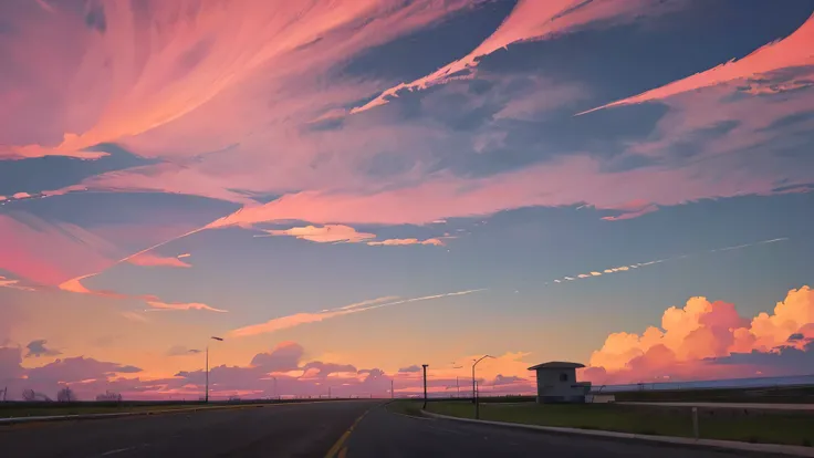 Amidst the breathtaking spectacle of a pink sky, beautiful clouds shimmer in hues of pink and orange, casting long, dramatic shadows on the landscape below. The highway, stretching out like a ribbon of asphalt against the pastel backdrop, is bordered by da...