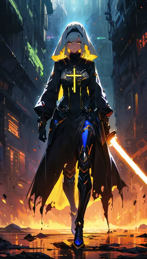 cyberpunk style，Fighting Nun，Glowing tattoo on forehead，beautiful eyes，beautiful lips，avant-garde，confidence，Wearing a white headscarf，Gloves，Wearing a sacred cross necklace，With a glowing energy sword，Technology implantation，Cybernetics arm，Equipped with ...