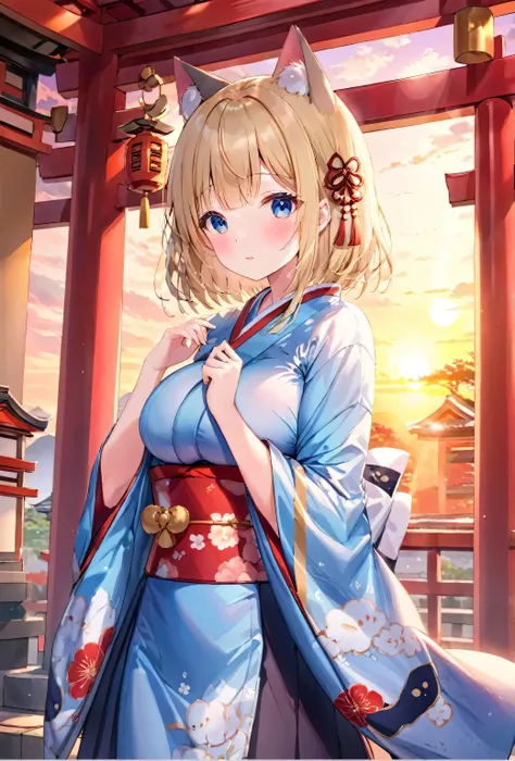 1 girl, , sky blue eyes, kimono skirt, shrine, cute, blush, big breasts, sunset, highest quality++, highest quality、、Cat ear、Bob Cut Blonde Hair、