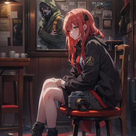 ((masterpiece, best quality, ultra-detailed, an extremely delicate and beautiful)), ((CG)), (award winning, ccurate, UHD, textured skin, chromatic aberration, perfect anatomy, Fujicolor), ((((postapocalypse)))), 1 teen girl sitting on the chair in the pub,...