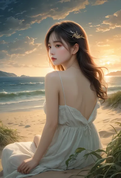 (A masterpiece of the highest quality:1.2)、A super detailed illustration，Perfectly shows the girl in the doomsday beach scenery。In the silence of the night、There is an atmosphere that is both sad and hopeful.。 that girl sits on the soft vegetation of the s...