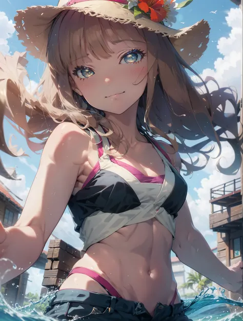 Tropical Dream Bud,Tropical Dream Bud　sss Dynazenon ,brown hair,long hair,green eyes,big straw hat,smile,blush,hibiscus hair ornament,blue bikini swimsuit,barefoot,ビーチのsandy beachを散歩しながら,Sky blue hair fluttering in the wind,(cowboy shot:1. 5)
rest outdoors...