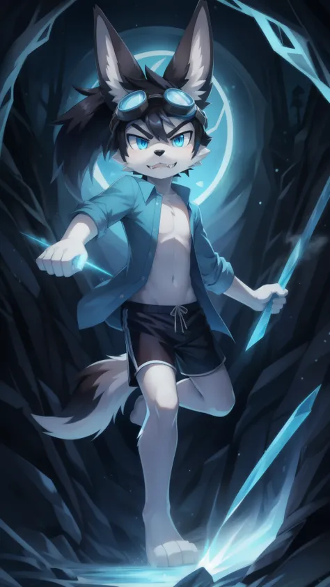 Furry shota, wolf, black hair, long spiky ponytail, blue eyes, detailed body fur, ((goggles, blue hawaiian shirt, open clothes, black swim trunks)), looking at you, fangs, clear grey body fur, detailed face, big eyebrows, detailed eyes, detailed body, deta...