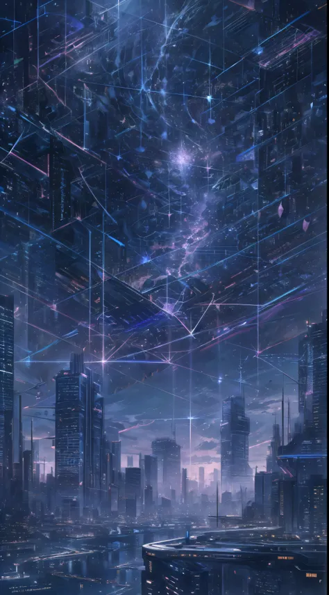 starry sky with zodiac constellations, purple hues like a nebula, wide open space, the city at the bottom of cyberpunk,