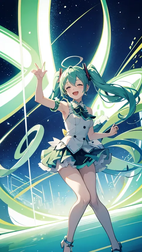 hatsune miku in an energetic concert setting, with a magnificent and colorful stage backdrop. miku was singing her favorite song...