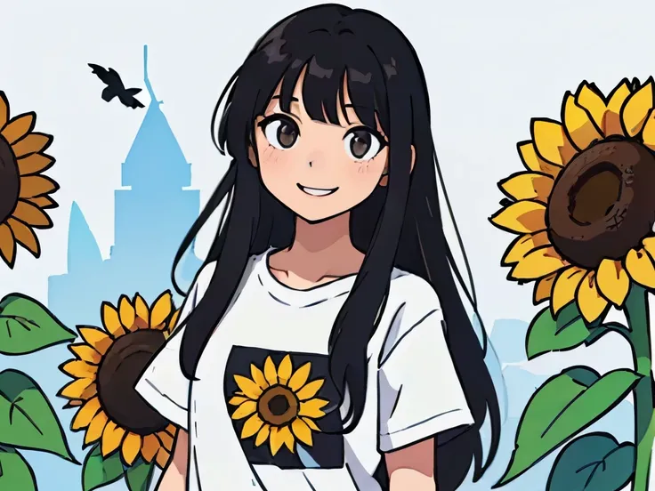 Perfect anime illustration of a girl having long black hair with bangs, posing with flowers in background, sunflowers, beautiful  smiling slightly wearing t shirt