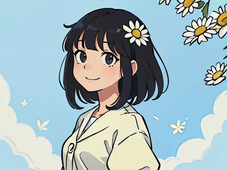 Perfect anime illustration of a girl ,smiling slightly having long black hair with bangs, posing with flowers in background, daisies, beautiful , looking up, side view 