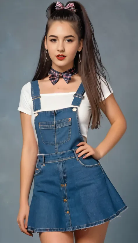 beautiful brunette girl plaid skirts or dresses, crop tops, platform shoes, and chokers. denim overalls and high-waisted jeans w...