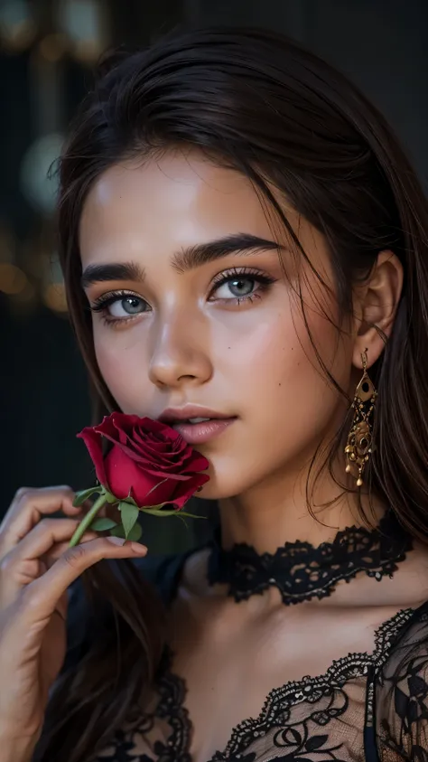 8k, raw photo, fujifilm, style photo of a beautiful 16 year old woman, square face, a red rose on the neck, wearing black lace d...