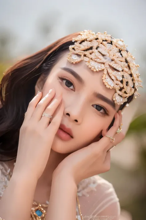 ((best quality)), ((masterpiece)), (detailed), perfect face wearing Lotus diamond ring, ao dai vietnam, close focus to jewelry, non la
