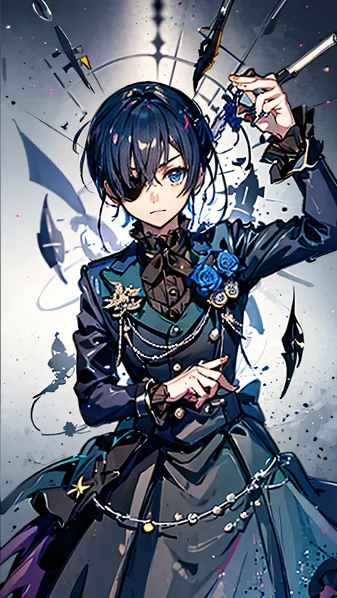 (masterpiece:1.2), (highest quality:1.2), perfect eyes, perfect face, phantomhive, ciel, null, cool, Eye patch on right eye, Null-colored eyes, Blue-black hair, looking at the viewer, Western style, 19th century British style, Sour face, Gothic, Appearance...