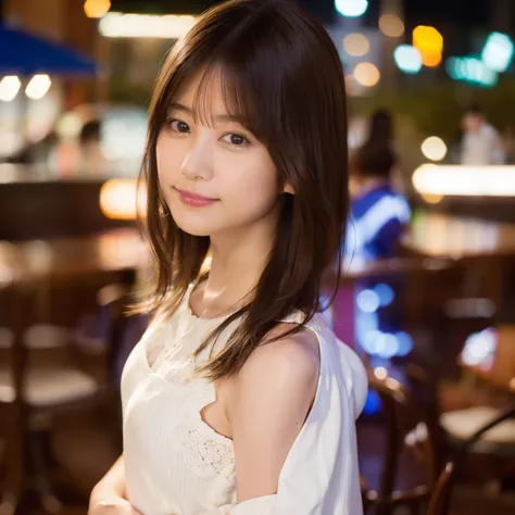 8K,highest quality, 超A high resolution, (realistic:1.4), Raw photo, (upper thigh:1.3, From the side:1.1), (Bokeh:1.4), (in a suite:1.４),Waterside Cafe, 1 japanese girl, cute, (alone:1.6), (shy smile), (dark brown eyes), smooth skin, (brown medium hair,bang...