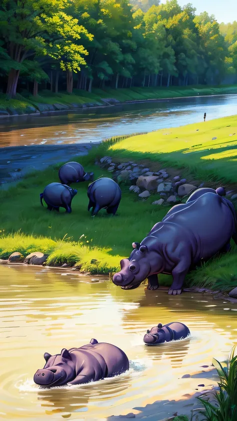 Draw a cartoon scene of a happy hippo family playing in the river together.