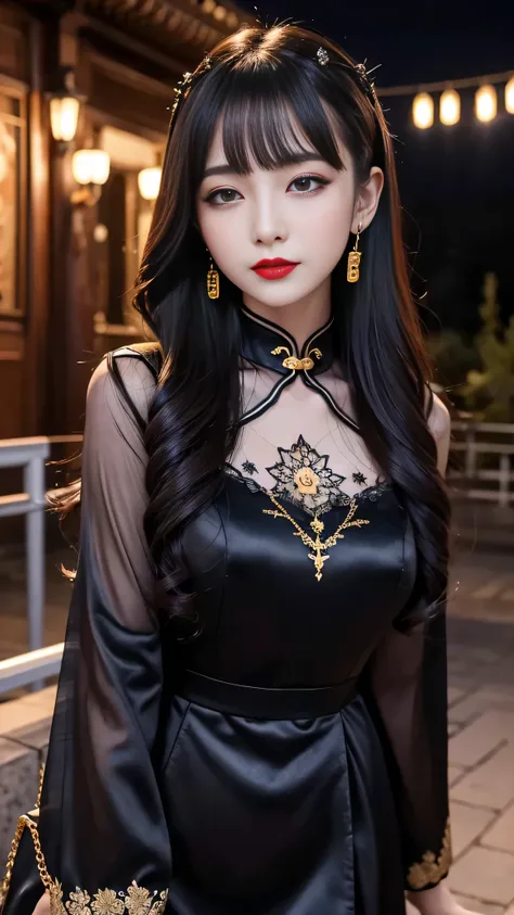 tra-detailed、２people、japanese people、attractive beauty、Captivating large people women、pretty woman、piercing eyes、cool girl、wavy hair、swept bangs、Long Black and Gold Cheongsam、wide sleeves、Evil cadres、evil depravity、brainwash、mind control、lipstick、lip gloss...