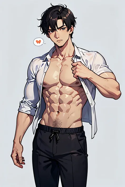 white loose shirt，(white shirt)，muscle，clothes open，Show your abs，Expose chest muscles，male，Handsome and delicate eyes，short black hair，stand，whole body，blank background