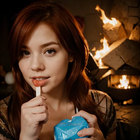 red-haired girl eats magic marshmallows happy