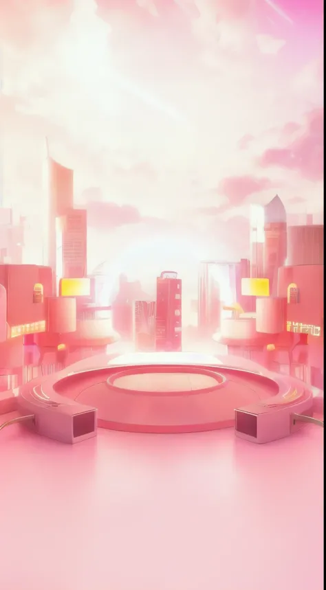 overlooking the city，There is a pink stage and pink sofa, cybernetic city background, futuristic city background, Vapor City, futuristic city background, Surreal cityscape background, tokyo futuristic in background, futuristic city background, Neon City Do...