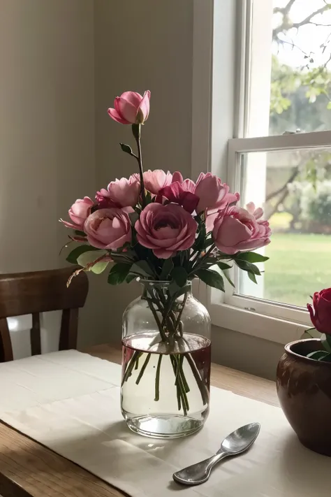 there is a vase of flowers and a red ribbon on the table, Still life, inspired by Jane Nasmith, instagram, hyperrealism, Magnolias, Magnolia, mirror and glass surfaces, 🎀 🗡 🍓 🧚, semi-realism, beautiful composition, pink flowers, Floral decorations, Magnoli...