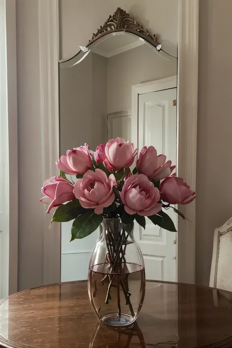 there is a vase of flowers and a red ribbon on the table, Magnolias, Magnolia, mirror and glass surfaces, 🎀 🗡 🍓 🧚, semi-realism, beautiful composition, pink flowers, Floral decorations, Magnolia stems, decorative flowers, Magnolia goliath head ornaments, i...