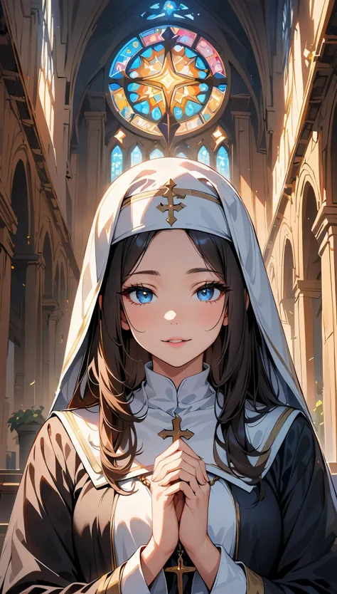 (highest quality, 4k, 8k, High resolution, masterpiece:1.2), Super detailed, nun, prayer, beautiful detailed eyes, beautiful detailed lips, highly detailed eyes and face, long eyelashes, calm expression, soft lighting, Religious atmosphere, rosary, Fingert...