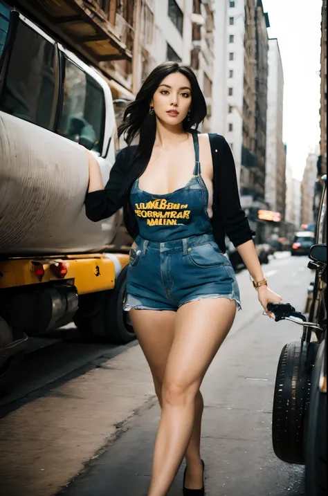 a colombian lady wearing sexy work clothes driving a cement mixer truck in nyc. realistic