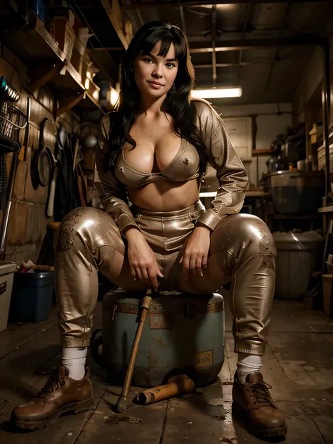 A 22-year-old Bettie Page, clad in a complete covering large plumbers suit with a charming smile, . Her disheveled hair frames her face, and her expressive brown eyes gaze at the viewer with warmth. The detailed and high-resolution image captures her worki...