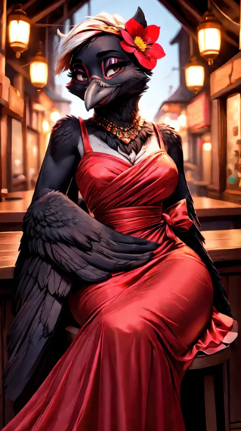 ((jewelry)),(((anthro crow))),(((bar))),((lover-like relationship)),((dress)),smile,((flower hair ornament)),female, ((((winged-...