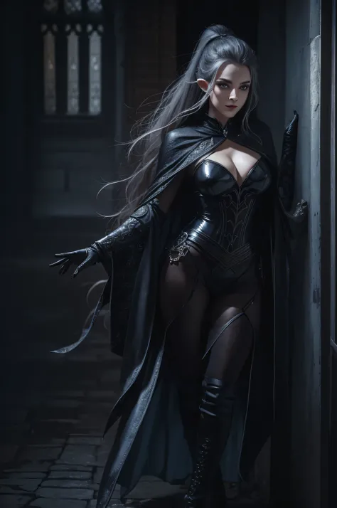 a picture of vampire elf in her castle, an exquisite beautiful female vampire elf in her library,  full body (ultra detailed, Masterpiece, best quality), busty, curvy hips, ultra detailed face (ultra detailed, Masterpiece, best quality), grey skin, blond h...