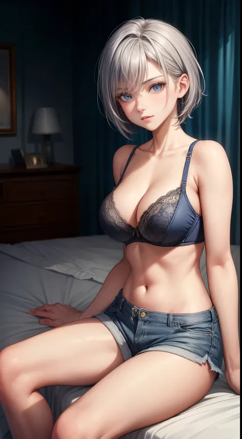 masterpiece, highest quality, high resolution, 1 girl, gray hair, short hair, blue eyes, medium breasts,((shorts,bra)), Idol Master,anastasia,((Sit on the bed,Bedroom)),(((sexy))),