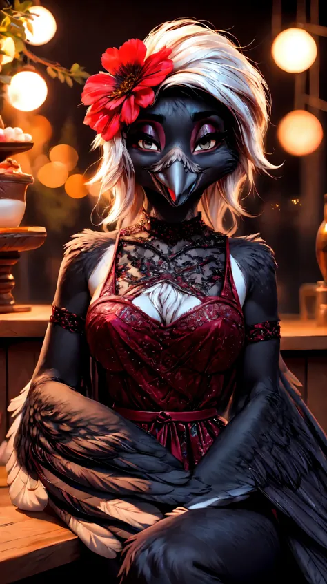 ((jewelry)),(((anthro crow))),(((bar))),((lover-like relationship)),((black tight dress)),smile,((flower hair ornament)),female,...