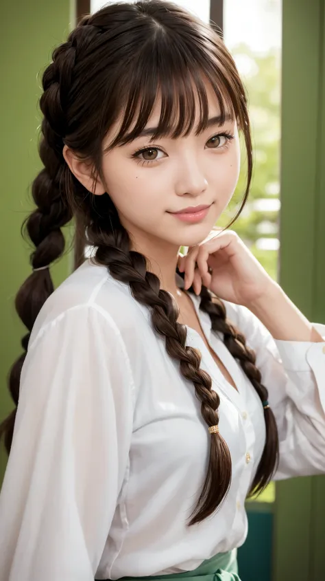 realistic, masterpiece, highest quality, highest resolution, one japanese woman, happy smile, detailed and beautiful eyes, black eye, thin eyebrows, Gives your eyelashes a delicate finish, false eyelashes, natural makeup, (braid hair, dull bangs, brown hai...