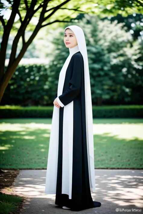 ((Best quality, 8k, Masterpiece: 1.3)), 1 old slim nun, standing gracefully outdoors, captured in a full body shot, taken from below to accentuate her divine presence, all while remaining fully clothed in her sacred garments. With remarkable modesty, ensur...